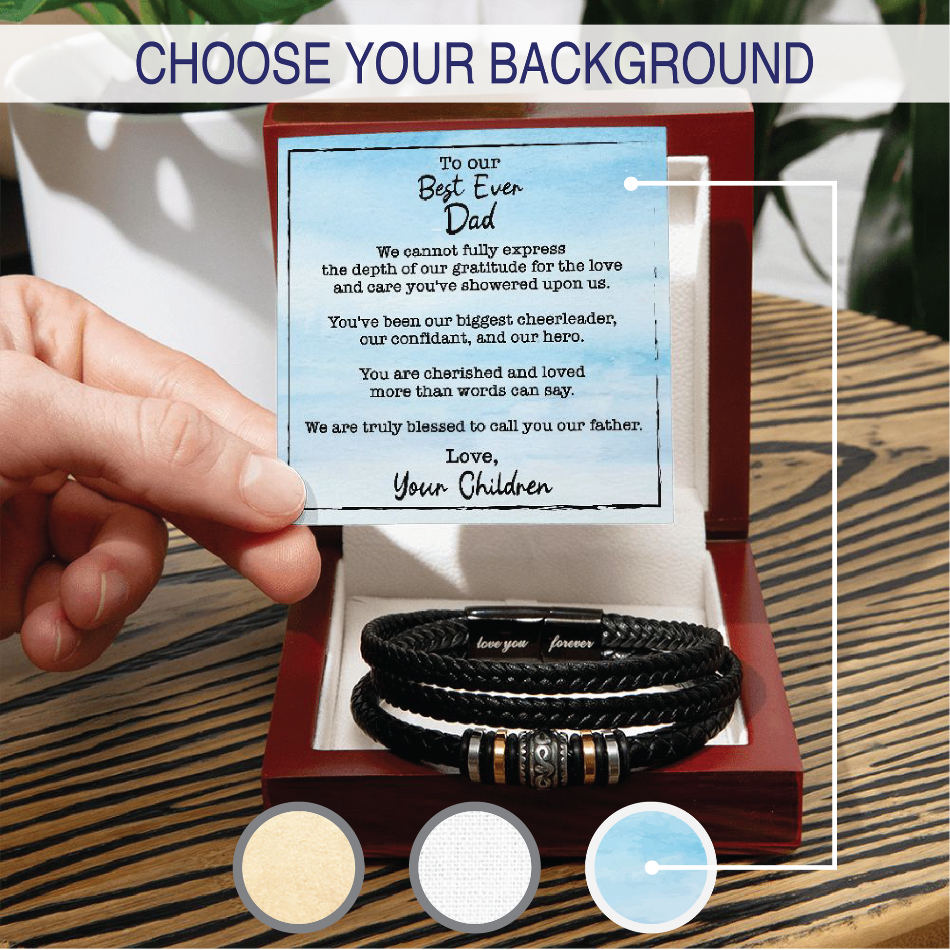 Customizable Background - Men's Love You Forever Bracelet With Wooden Box With LED And Message Card For Best Ever Dad - Elegant Endearments