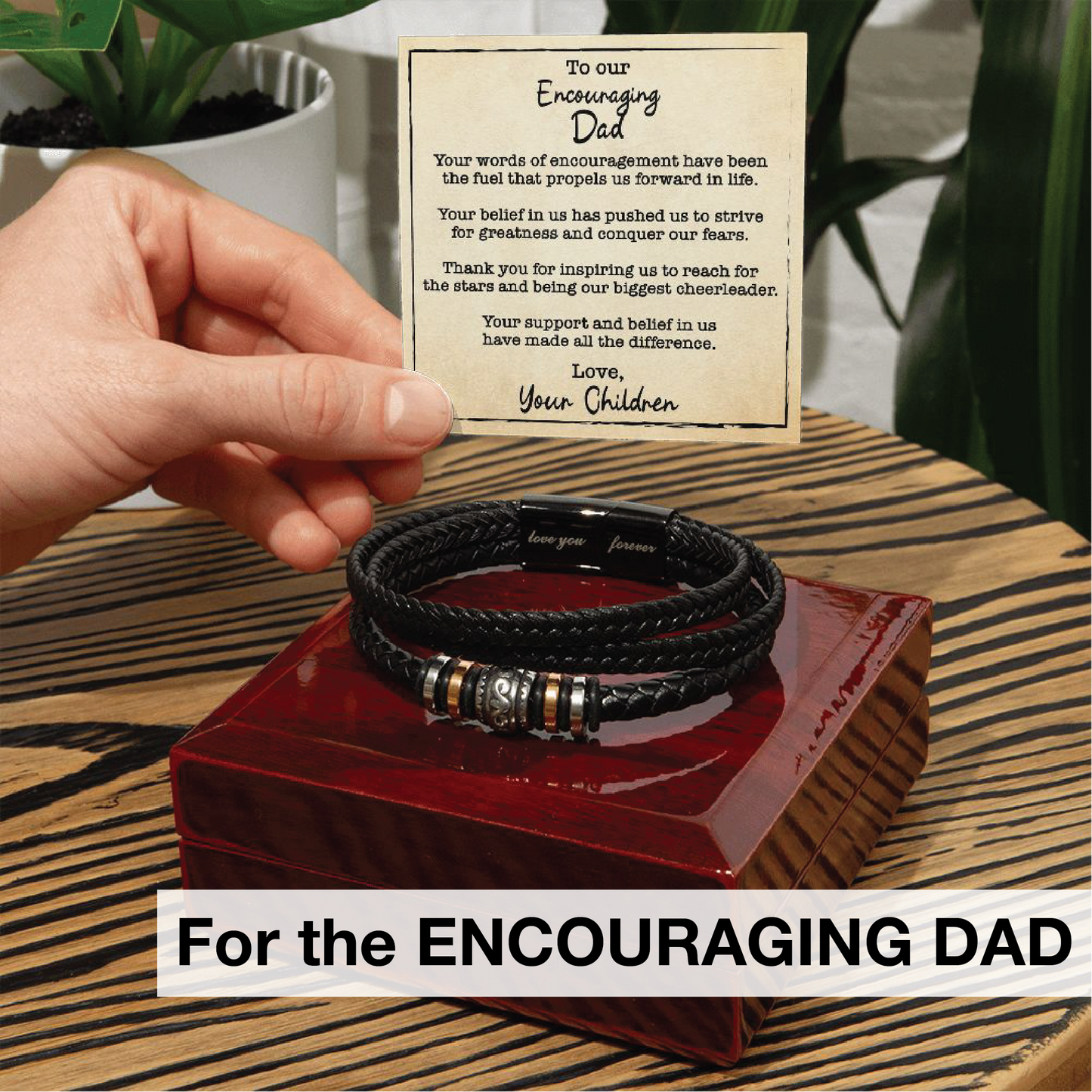 Men's Love You Forever Bracelet On Closed Wooden Box With LED And Message Card For Encouraging Dad - Title - Elegant Endearments