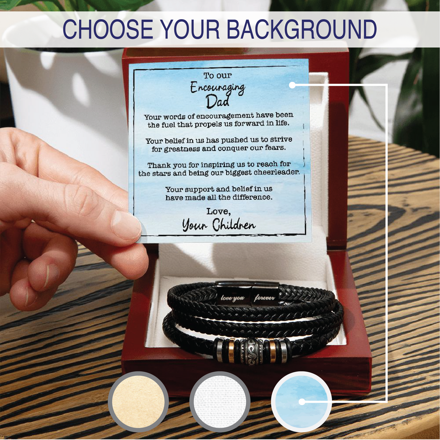 Customizable Background - Men's Love You Forever Bracelet With Wooden Box With LED And Message Card For Encouraging Dad - Elegant Endearments