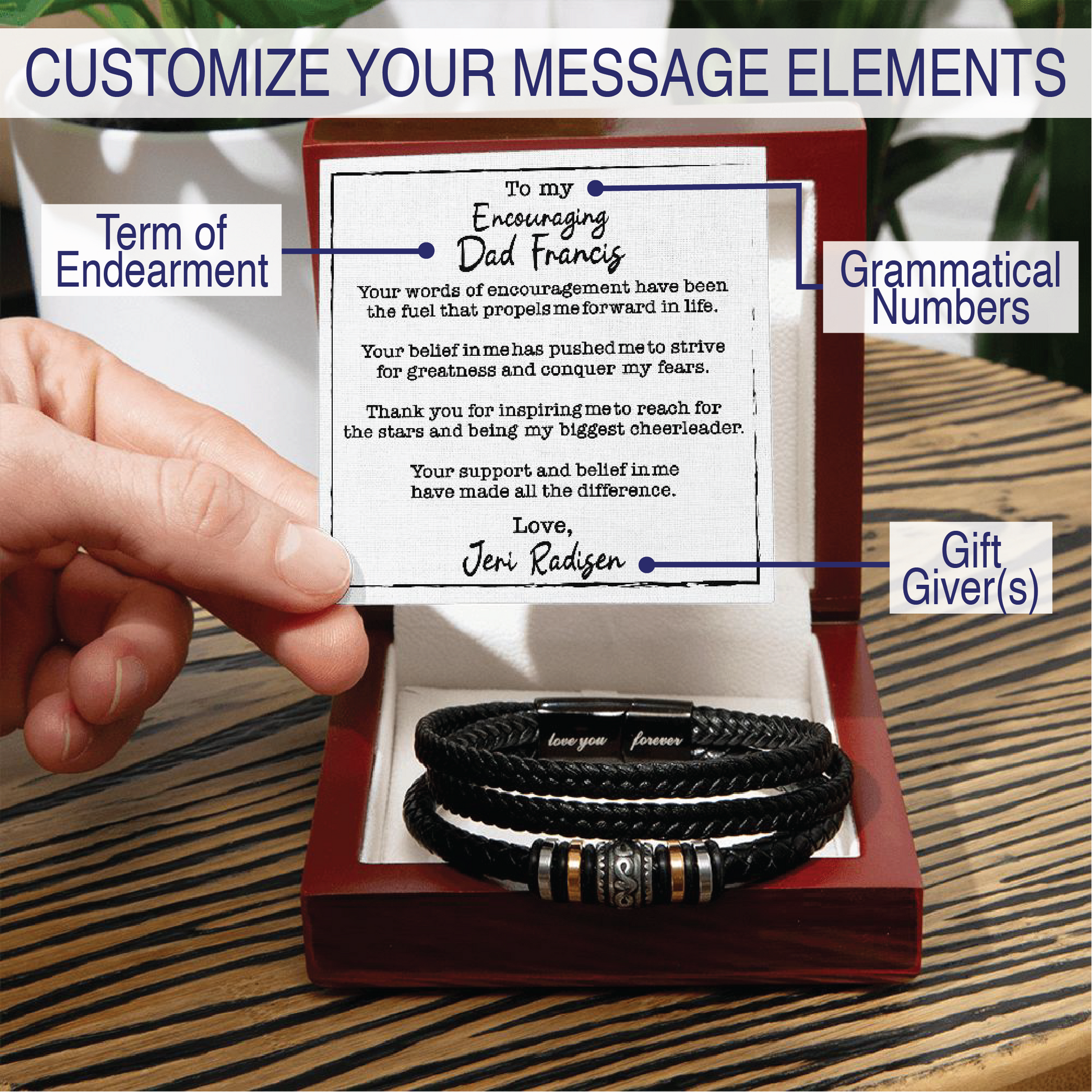 Customizable Names and Message Elements - Men's Love You Forever Bracelet With Wooden Box With LED And Message Card For Encouraging Dad - Elegant Endearments