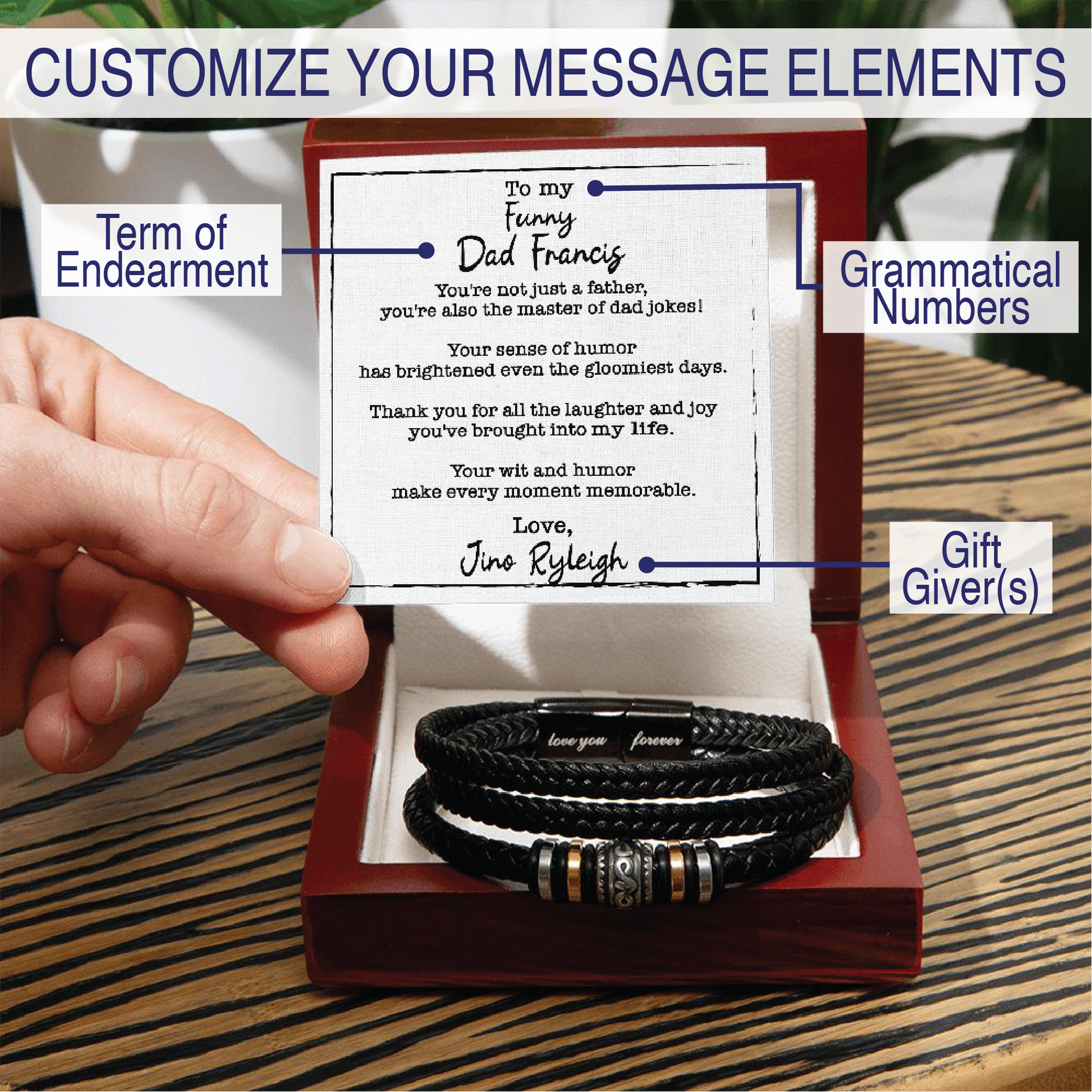 Customizable Names and Message Elements - Men's Love You Forever Bracelet With Wooden Box With LED And Message Card For Funny Dad - Elegant Endearments