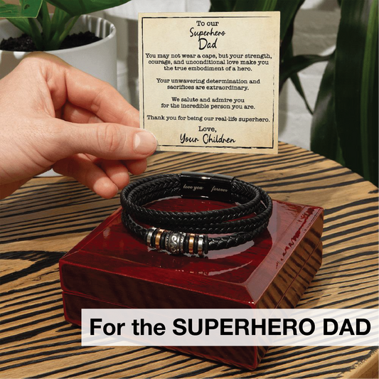 Men's Love You Forever Bracelet On Closed Wooden Box With LED And Message Card For Superhero Dad - Title - Elegant Endearments