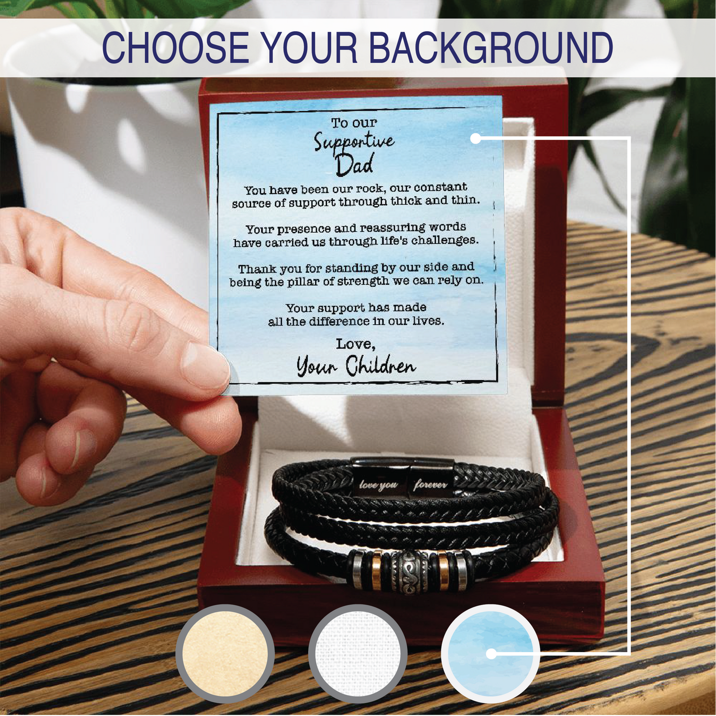 Customizable Background - Men's Love You Forever Bracelet With Wooden Box With LED And Message Card For Supportive Dad - Elegant Endearments