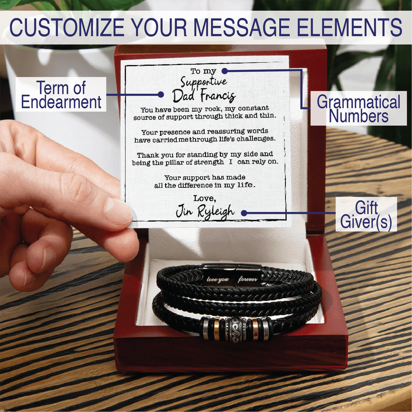 Customizable Names and Message Elements - Men's Love You Forever Bracelet With Wooden Box With LED And Message Card For Supportive Dad - Elegant Endearments