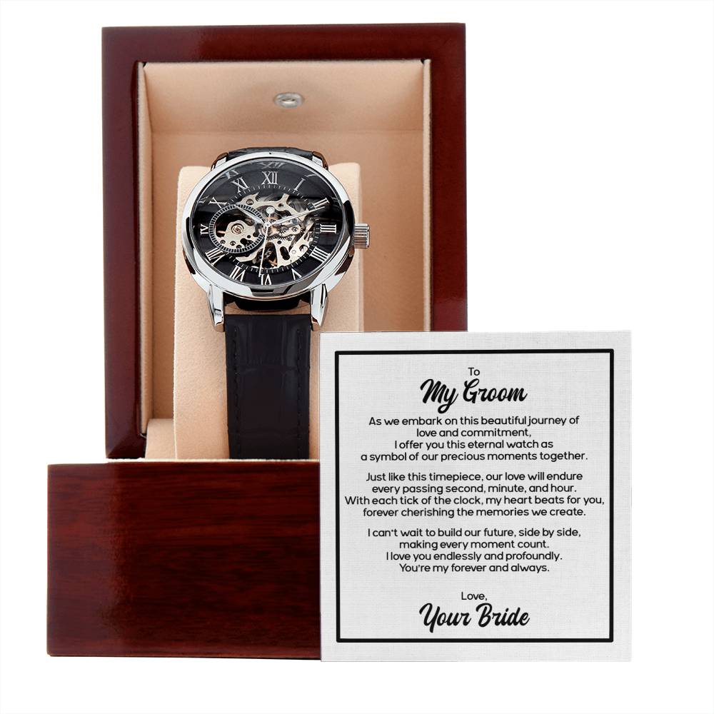 Personalized Gift For The GROOM With Message Card - Customizable Name - Men's Openwork Watch In Mahogany Style Luxury Box - Elegant Endearments